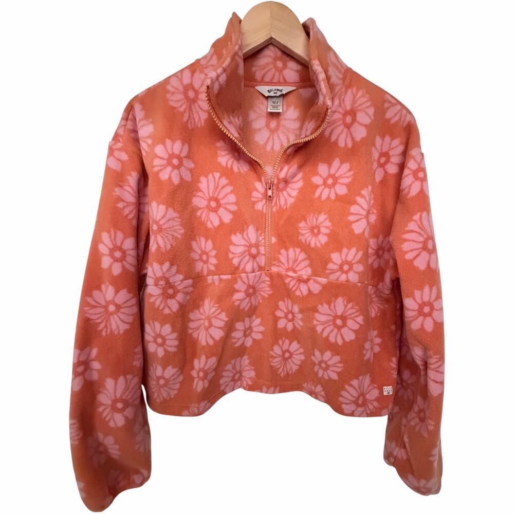 Billabong Orange with pink floral daisy print fleece pullover women’s medium